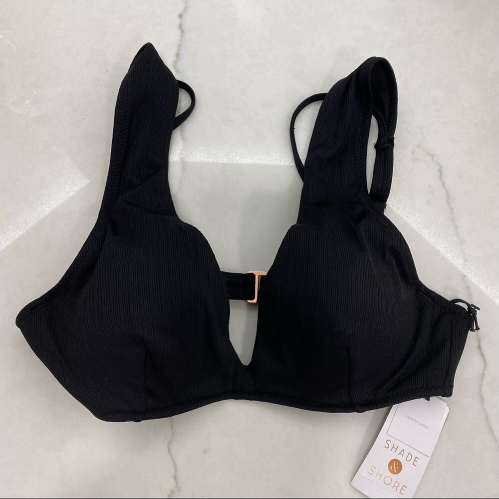NWT Lightly Lined Plunge Wide Strap Ribbed Bikini Top Shade & Shore Black 32B